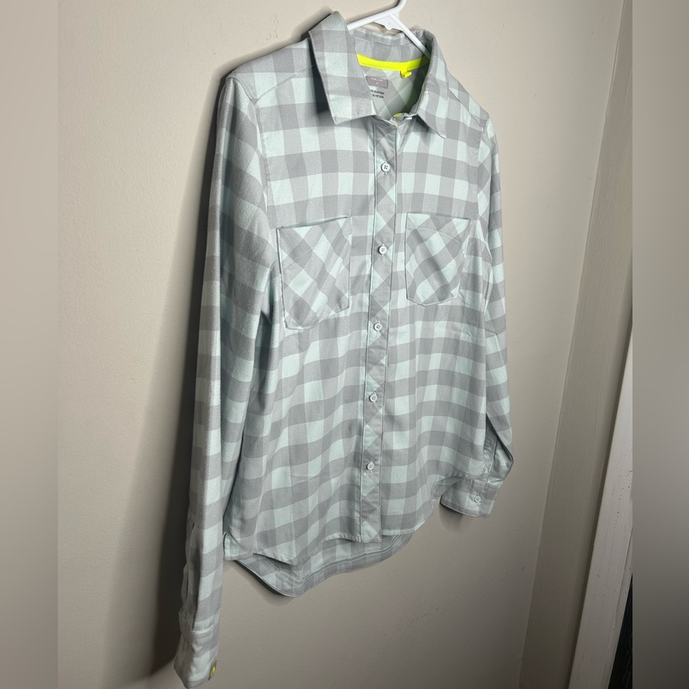 Pearl Izumi Women’s Rove Long Sleeve Flannel Button Up Ice Blue / Fog Plaid Sz M - Picture 2 of 15
